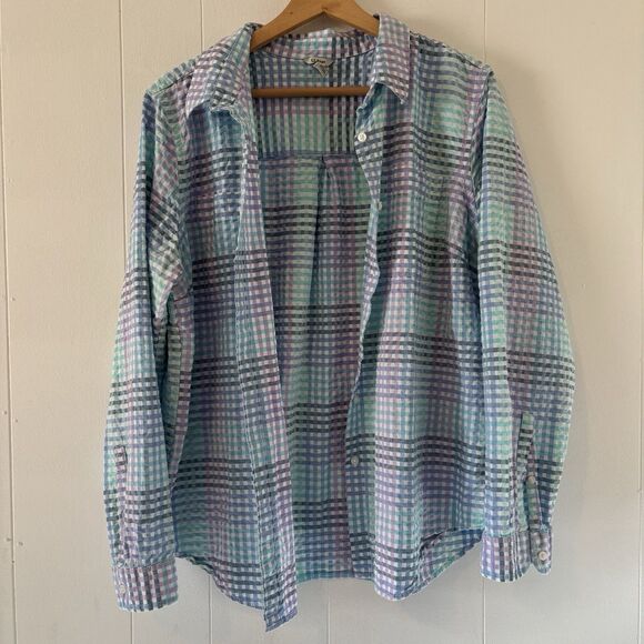 LL Bean Vacationland Seersucker Pastel Gingham Plaid Button Up Shirt Size Large - Picture 7 of 13